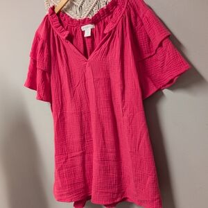 Cynthia Rowley Vibrant Pink Ruffle Blouse Cotton Natural Fibre 2x Muslin V Neck